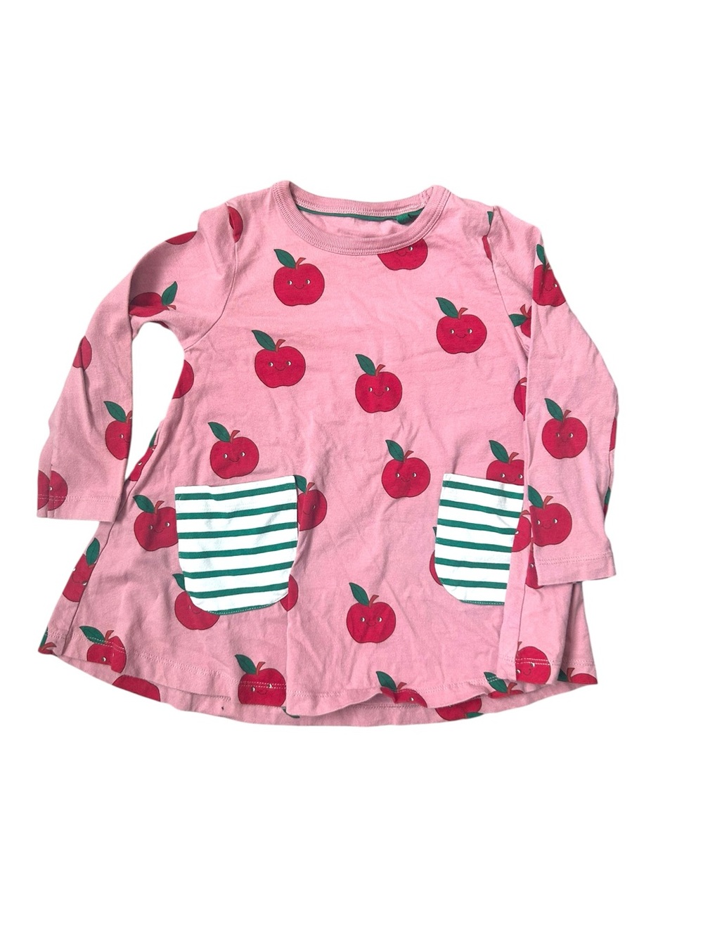 Mini Boden Girls Pink Apple Print Jersey Dress Striped Pockets Size 3-4 Years